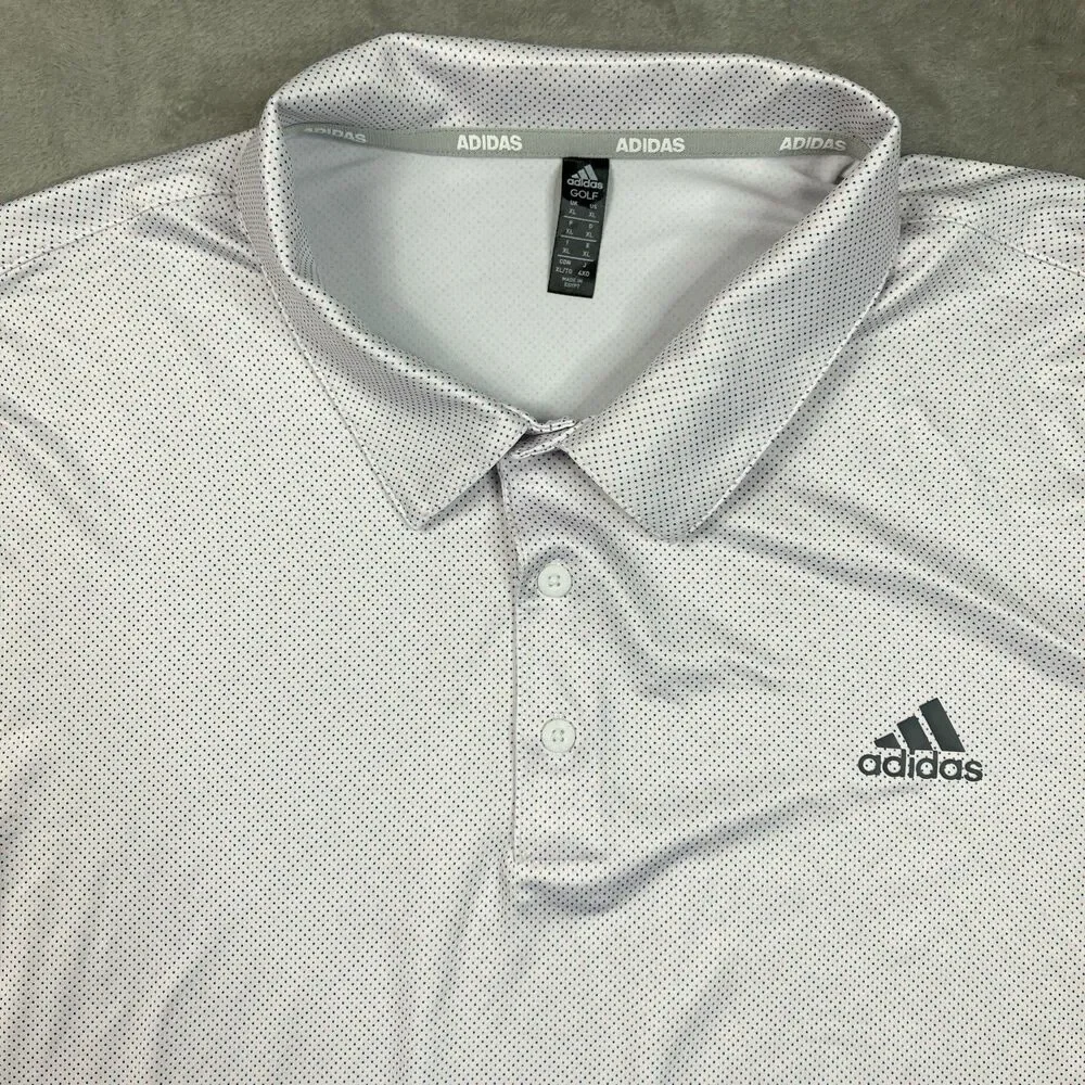 Adidas Polo Shirt Mens XL White Short Sleeve Logo Dotted Golf Shirt Activewear